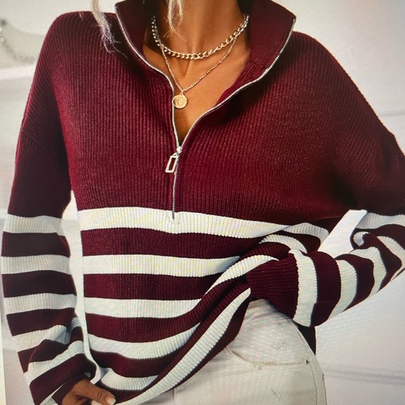 Gorgeous Burgundy and White Striped 3/4 Zip Sweater - Picture 3 of 5
